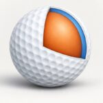 Coupe illustrative d’une balle : noyau orange, couche intermédiaire bleue et enveloppe blanche.