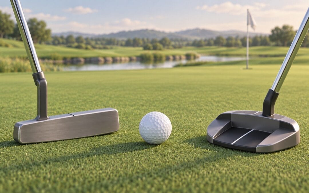 Illustrazione di un putter blade e un putter mallet accanto a una pallina sul green.