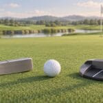 Illustrazione di un putter blade e un putter mallet accanto a una pallina sul green.