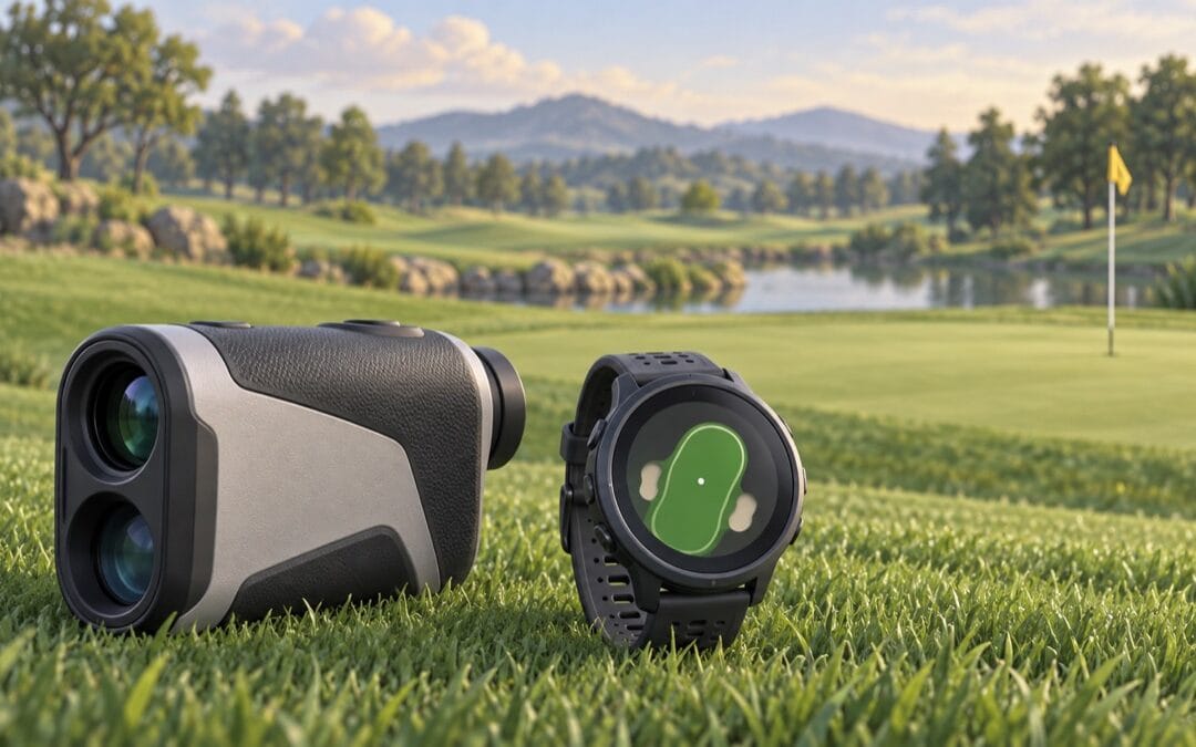 Illustrazione di un telemetro laser e un orologio GPS da golf davanti a un green.