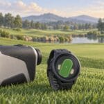 Illustrazione di un telemetro laser e un orologio GPS da golf davanti a un green.
